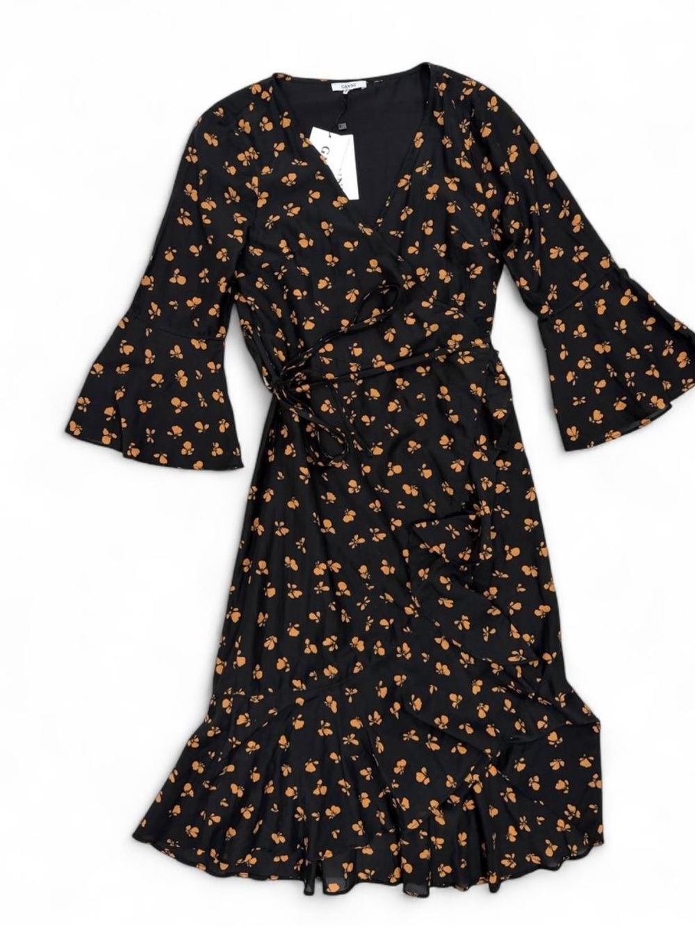 GANNI Wrap Dress Black Butterfly Print Women's Size 38 (US 6) NWT